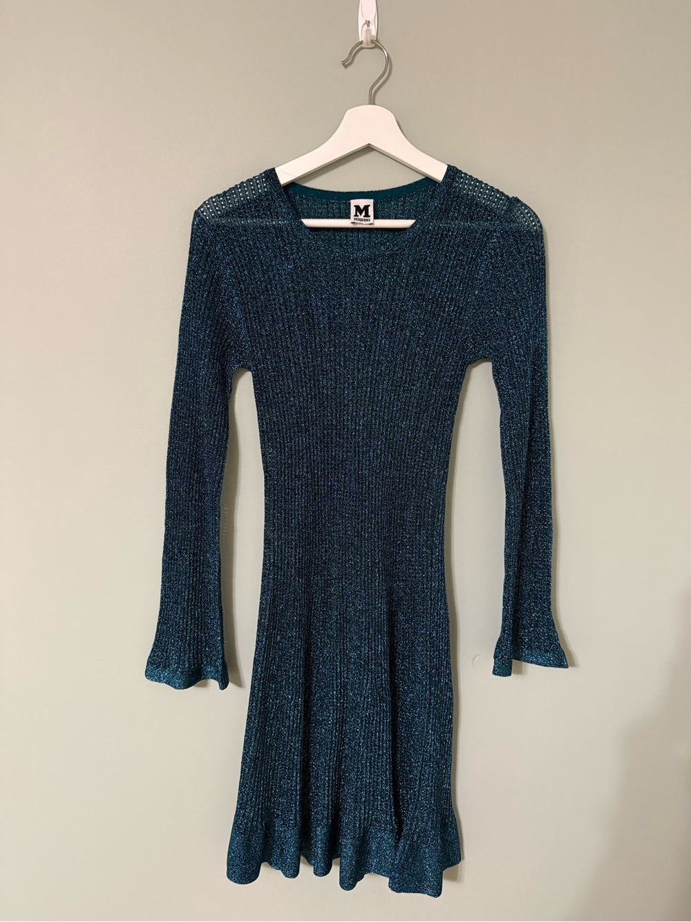 M Missoni Metallic Teal Knit Fit & Flair Dress - Flare Sleeve, Ruffle Hem